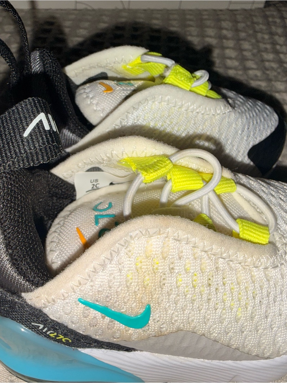 Nike Kids Cream and Neon Yellow Sneakers with Teal Swoosh